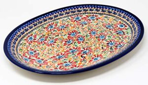 polish pottery large serving platter in floral garden pattern painted by anna janczyk from zaklady boleslawiec, dimensions 13.5" x 11"