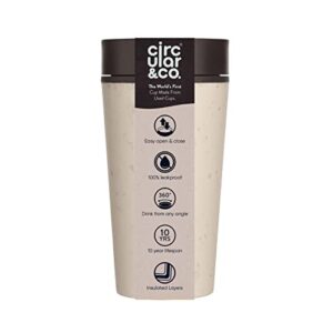 circular and co reusable coffee cup 12oz/340ml - the world's first travel mug made from recycled coffee cups, 100% leak-proof, sustainable & insulated (cream & cosmic black)