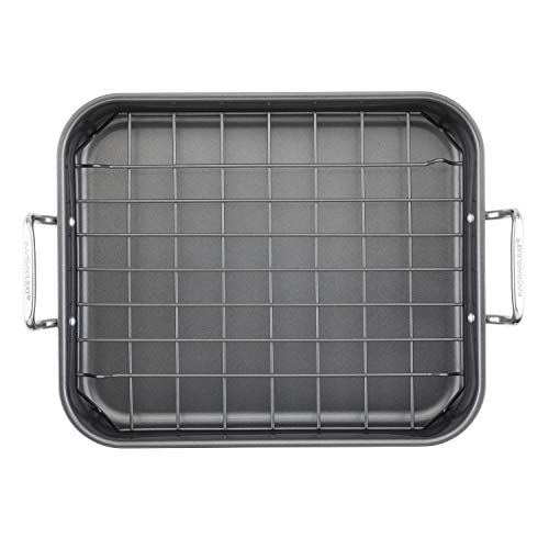 Rachael Ray Bakeware Nonstick Roaster/Roasting Pan with Reversible Rack, 16.5 Inch x 13.5 Inch, Gray