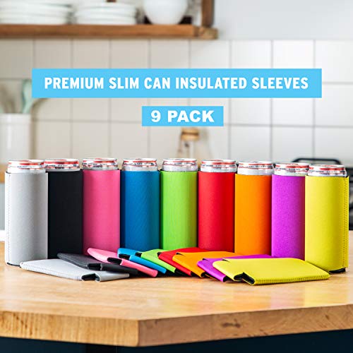 Slim Can Cooler Sleeves (9 Pack) for White Claw Sleeves for 12oz Skinny Can Coolers - Soft Insulated Slim Sleeves for Cans - Beer Sleeves for Cans like Michelob Ultra Can Holders for Tall Skinny Cans