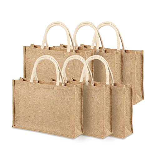 XMRSOY 6 Pack Reusable Burlap Tote Bag,Large Jute Bag Handle Grocery Shopping Bags Water Resistant Bridesmaid Burlap Bag for Travel Beach