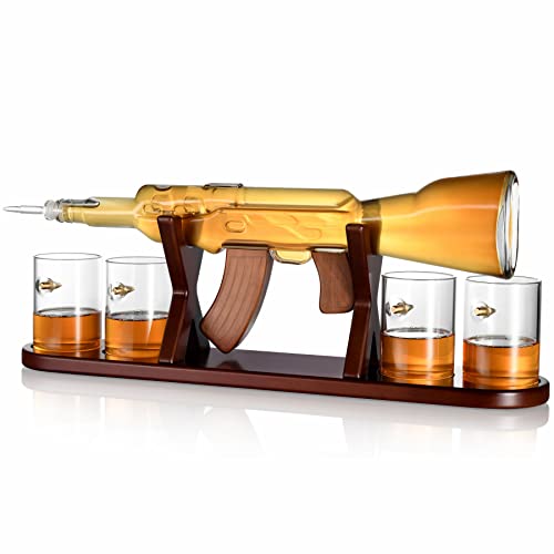 Large Gun Whiskey Decanter By The Diamond Glassware | Comes With A Set Of 4 Bullet Glasses & Mahogany Wooden Base| Decanter Set Perfect For Whiskey, Bourbon, Scotch, Liquor| Great Gift For Him| 1000ml