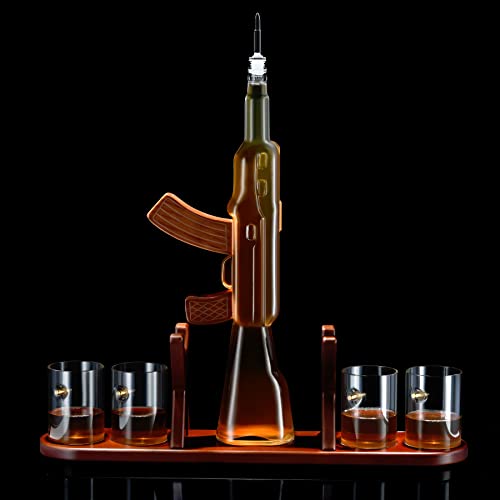 Large Gun Whiskey Decanter By The Diamond Glassware | Comes With A Set Of 4 Bullet Glasses & Mahogany Wooden Base| Decanter Set Perfect For Whiskey, Bourbon, Scotch, Liquor| Great Gift For Him| 1000ml