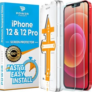 power theory designed for iphone 12/iphone 12 pro screen protector tempered glass [9h hardness], easy install kit, 99% hd bubble free clear, case friendly, anti-scratch, 2 pack