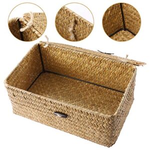 BESPORTBLE Handwoven Seagrass Rattan Storage Basket Rattan Storage Basket Multipurpose Container with Lid for Decoration, Picnic, Groceries and Toy Storage