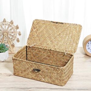 BESPORTBLE Handwoven Seagrass Rattan Storage Basket Rattan Storage Basket Multipurpose Container with Lid for Decoration, Picnic, Groceries and Toy Storage
