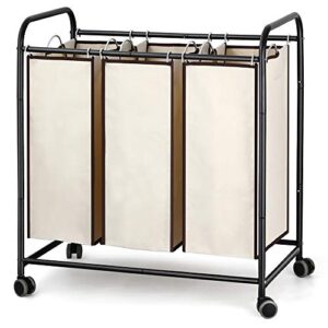 3-bag laundry hamper sorter black 3 section rolling dirty clothing organizer cart, triple laundry basket with heavy duty lockable wheels and three removable laundry bags, for bathroom living room