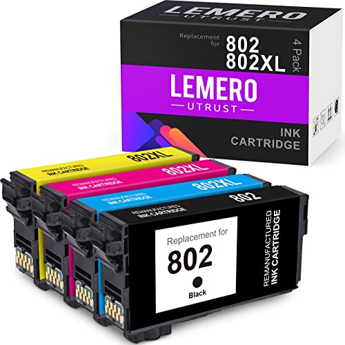 LemeroUtrust Remanufactured Ink Cartridge Replacement for Epson 802XL 802 T802XL use with Epson Workforce Pro WF-4720 WF-4730 WF-4734 EC-4040 EC-4020 (1 Black, 1 Cyan, 1 Magenta, 1 Yellow, 4-Pack)