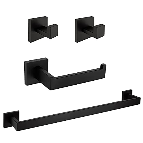 Nolimas 4 Pieces Matte Black Bathroom Hardware Set SUS304 Stainless Steel Square Wall Mounted Including Towel Bar,Toilet Paper Holder, Robe Towel Hooks,Bathroom Accessories Kit