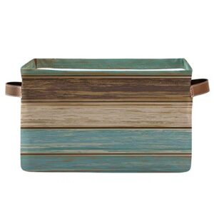 alaza decorative basket rectangular storage bin, old color wooden organizer basket with leather handles for home office