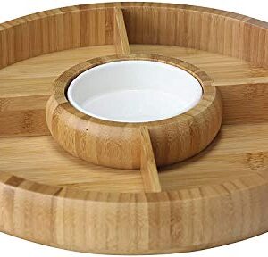 Bamboo Charcuterie Board/Cheese Board Chip and Dip Divided Bowl/Serving Platter with Ceramic Center Bowl/Dip Cup