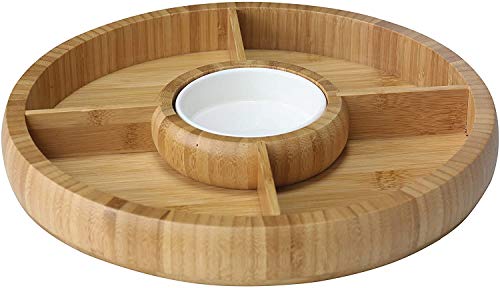 Bamboo Charcuterie Board/Cheese Board Chip and Dip Divided Bowl/Serving Platter with Ceramic Center Bowl/Dip Cup