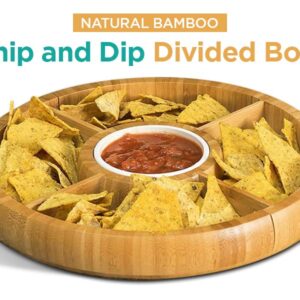 Bamboo Charcuterie Board/Cheese Board Chip and Dip Divided Bowl/Serving Platter with Ceramic Center Bowl/Dip Cup