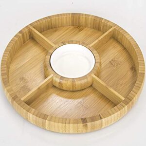 Bamboo Charcuterie Board/Cheese Board Chip and Dip Divided Bowl/Serving Platter with Ceramic Center Bowl/Dip Cup