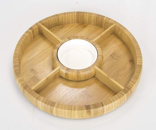 Bamboo Charcuterie Board/Cheese Board Chip and Dip Divided Bowl/Serving Platter with Ceramic Center Bowl/Dip Cup