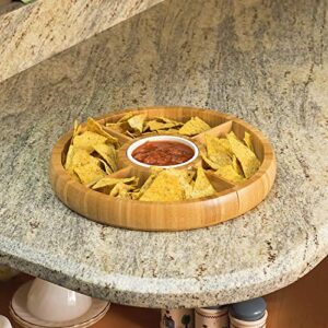 Bamboo Charcuterie Board/Cheese Board Chip and Dip Divided Bowl/Serving Platter with Ceramic Center Bowl/Dip Cup