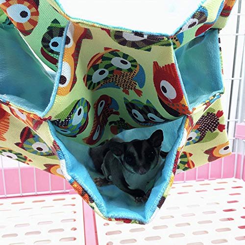 Small Animal Hanging Hammock Pet Swinging Bed 3 Tier Sleep Nap Sack Cage Accessories Kit Set Tunnel Ferret Rat Cave Sugar Glider Hideouts Warm Bedding for Squirrel Guinea Pig Parrot Rat (Owl Pattern)