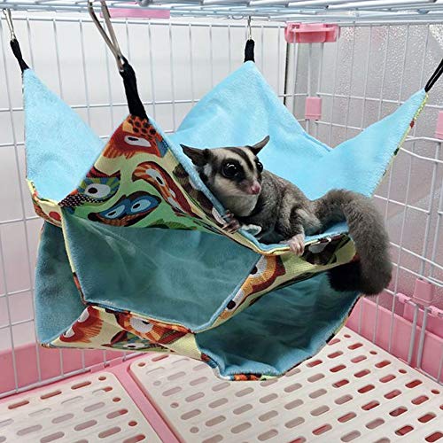 Small Animal Hanging Hammock Pet Swinging Bed 3 Tier Sleep Nap Sack Cage Accessories Kit Set Tunnel Ferret Rat Cave Sugar Glider Hideouts Warm Bedding for Squirrel Guinea Pig Parrot Rat (Owl Pattern)