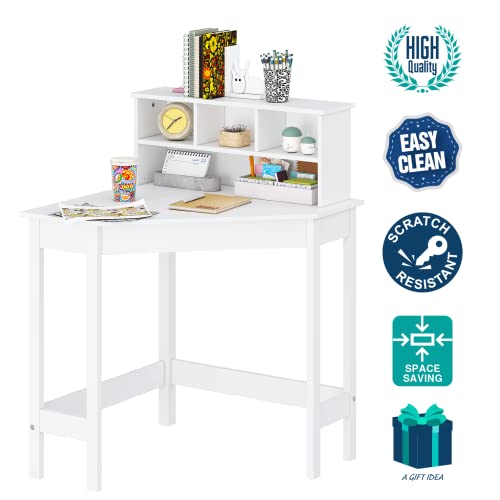 UTEX Corner Desk with Storage and Hutch for Small Space, Kids Corner Desk with Reversible Hutch for Girls Boys, Study Computer Desk Workstation & Writing Table for Home School Use, White