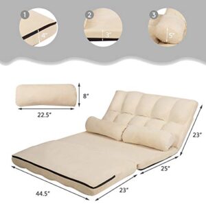 S AFSTAR Safstar Floor Folding Couch and Futon Sofa, 6-Position Fabric Sleeper Sofa Bed with 2 Pillows and Sponge Filling, Adjustable Lazy Sofa for Living Room and Bedroom(Beige)