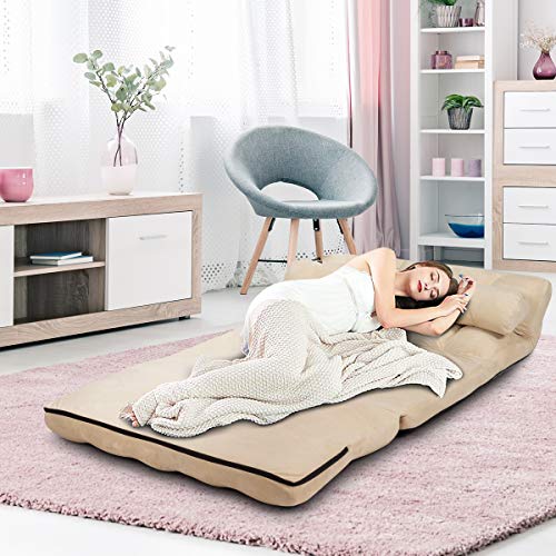 S AFSTAR Safstar Floor Folding Couch and Futon Sofa, 6-Position Fabric Sleeper Sofa Bed with 2 Pillows and Sponge Filling, Adjustable Lazy Sofa for Living Room and Bedroom(Beige)