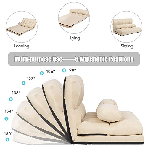 S AFSTAR Safstar Floor Folding Couch and Futon Sofa, 6-Position Fabric Sleeper Sofa Bed with 2 Pillows and Sponge Filling, Adjustable Lazy Sofa for Living Room and Bedroom(Beige)