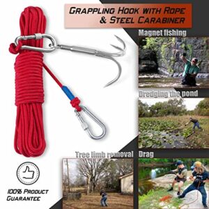 PIOSRTRR Grapple Hook with Rope-Includes Nylon Rope 6/8/10mm 50FT,Functional Grappling Hook and Double Carabiner,for Magnet Fishing/Drag/Tree Limb Removal