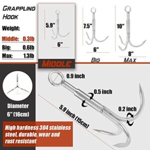 PIOSRTRR Grapple Hook with Rope-Includes Nylon Rope 6/8/10mm 50FT,Functional Grappling Hook and Double Carabiner,for Magnet Fishing/Drag/Tree Limb Removal