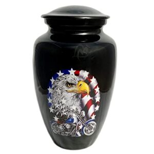 love memorials cremation urns- us flag eagle with harley davidson bike adult urn –best urn for human ashes – funeral urn (adult (200 lbs) – 10.5 x 6 “ , us flag eagle bike cremation urn)