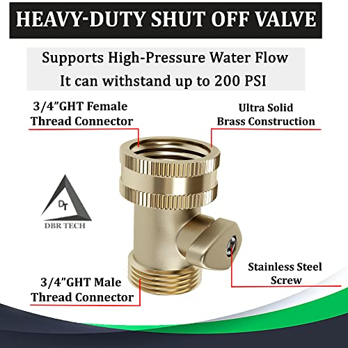 DBR Tech Heavy Duty Brass Shut Off Valve, Garden Connector Attachment with Rubber Washers for Outdoor Lawn and Gardening Hoses, Leak Resistant Threading, 3/4 Inch, All Brass