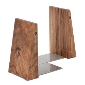 tilisma book ends for shelves - handmade wooden bookends with metal base, walnut tree - sturdy book holders for heavy books - fancy modern decorative book accessories to hold books firmly on bookshelf