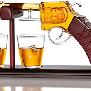 Gun Whiskey Decanter By The Diamond Glassware | Comes With A Set Of 2 Bullet Glasses & Mahogany Wooden Base | Decanter Set, Perfect For Whiskey, Bourbon, Scotch, Liquor| Great Gift For Him | 100ml