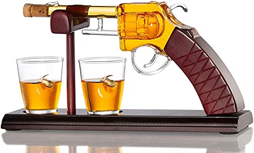 Gun Whiskey Decanter By The Diamond Glassware | Comes With A Set Of 2 Bullet Glasses & Mahogany Wooden Base | Decanter Set, Perfect For Whiskey, Bourbon, Scotch, Liquor| Great Gift For Him | 100ml