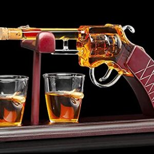 Gun Whiskey Decanter By The Diamond Glassware | Comes With A Set Of 2 Bullet Glasses & Mahogany Wooden Base | Decanter Set, Perfect For Whiskey, Bourbon, Scotch, Liquor| Great Gift For Him | 100ml