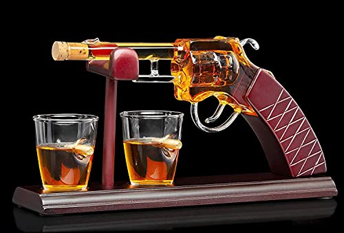 Gun Whiskey Decanter By The Diamond Glassware | Comes With A Set Of 2 Bullet Glasses & Mahogany Wooden Base | Decanter Set, Perfect For Whiskey, Bourbon, Scotch, Liquor| Great Gift For Him | 100ml