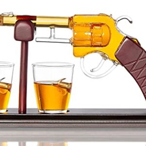 Gun Whiskey Decanter By The Diamond Glassware | Comes With A Set Of 2 Bullet Glasses & Mahogany Wooden Base | Decanter Set, Perfect For Whiskey, Bourbon, Scotch, Liquor| Great Gift For Him | 100ml