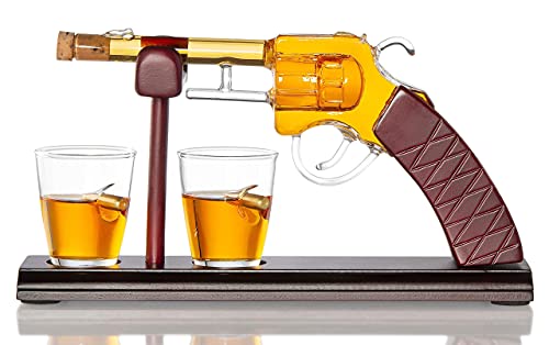 Gun Whiskey Decanter By The Diamond Glassware | Comes With A Set Of 2 Bullet Glasses & Mahogany Wooden Base | Decanter Set, Perfect For Whiskey, Bourbon, Scotch, Liquor| Great Gift For Him | 100ml