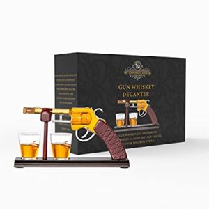 Gun Whiskey Decanter By The Diamond Glassware | Comes With A Set Of 2 Bullet Glasses & Mahogany Wooden Base | Decanter Set, Perfect For Whiskey, Bourbon, Scotch, Liquor| Great Gift For Him | 100ml