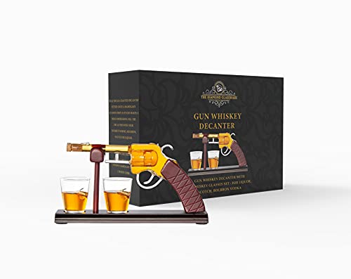 Gun Whiskey Decanter By The Diamond Glassware | Comes With A Set Of 2 Bullet Glasses & Mahogany Wooden Base | Decanter Set, Perfect For Whiskey, Bourbon, Scotch, Liquor| Great Gift For Him | 100ml