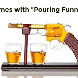 Gun Whiskey Decanter By The Diamond Glassware | Comes With A Set Of 2 Bullet Glasses & Mahogany Wooden Base | Decanter Set, Perfect For Whiskey, Bourbon, Scotch, Liquor| Great Gift For Him | 100ml