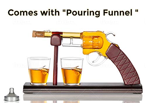 Gun Whiskey Decanter By The Diamond Glassware | Comes With A Set Of 2 Bullet Glasses & Mahogany Wooden Base | Decanter Set, Perfect For Whiskey, Bourbon, Scotch, Liquor| Great Gift For Him | 100ml