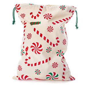 pudgy pedro's party supplies - christmas canvas gift bags - x-large 26" x 19" cream peppermint candy cane - jumbo fabric present stocking - 1 ct