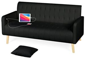 tyboatle 57" w modern striped pu leather loveseat sofa w/ 2 usb charging ports, mid century couch for small space configuration, living room, office, apartment, dorm, black