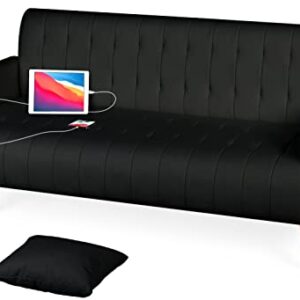 TYBOATLE 57" W Modern Striped PU Leather Loveseat Sofa w/ 2 USB Charging Ports, Mid Century Couch for Small Space Configuration, Living Room, Office, Apartment, Dorm, Black