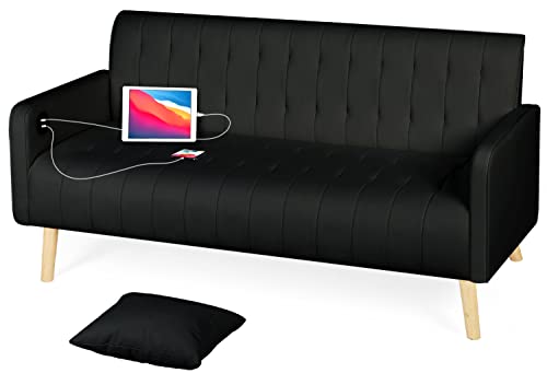 TYBOATLE 57" W Modern Striped PU Leather Loveseat Sofa w/ 2 USB Charging Ports, Mid Century Couch for Small Space Configuration, Living Room, Office, Apartment, Dorm, Black