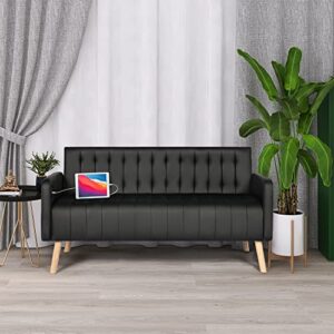 TYBOATLE 57" W Modern Striped PU Leather Loveseat Sofa w/ 2 USB Charging Ports, Mid Century Couch for Small Space Configuration, Living Room, Office, Apartment, Dorm, Black