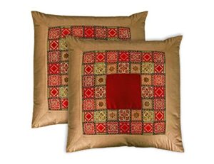 craftbot decorative throw pillow covers - maroon & gold brocade toss pillows - 20x20 inches - set of 2 indian accent pillows - no insert