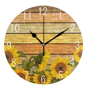 sunflower wall clock round silent non-ticking - 10 inch vintage wood quiet desk clock battery operated decorative for living room home office school kitchen (small,yellow)