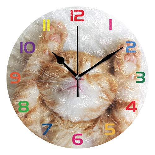 Oreayn Funny Kitten Cat Wall Clock for Home Office Bedroom Living Room Decor Non Ticking Orange