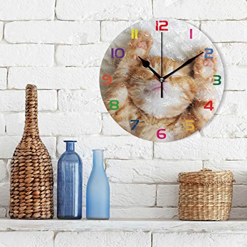 Oreayn Funny Kitten Cat Wall Clock for Home Office Bedroom Living Room Decor Non Ticking Orange